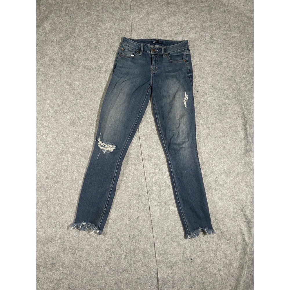 Level 99 Womens Distressed Skinny Jeans Medium Wash Frayed Hem Blue Denim
